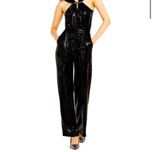 Michael Kors Women's Black Sleeveless Belted Sequin Halter Jump Suit